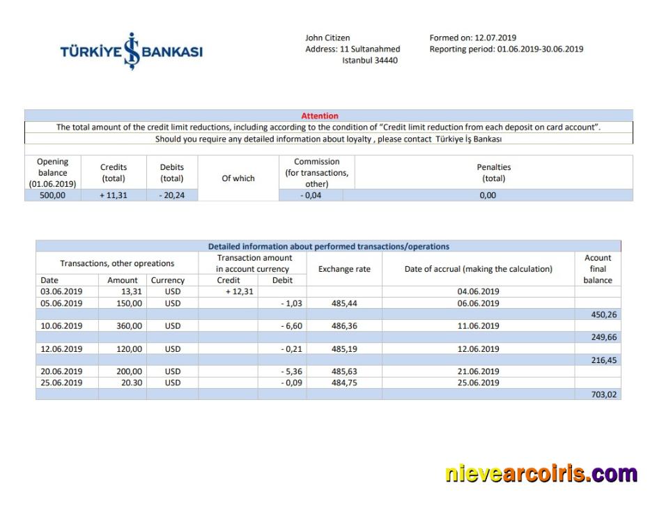 Turkey Bankasi bank proof of address statement in Word and PDF format, fully editable